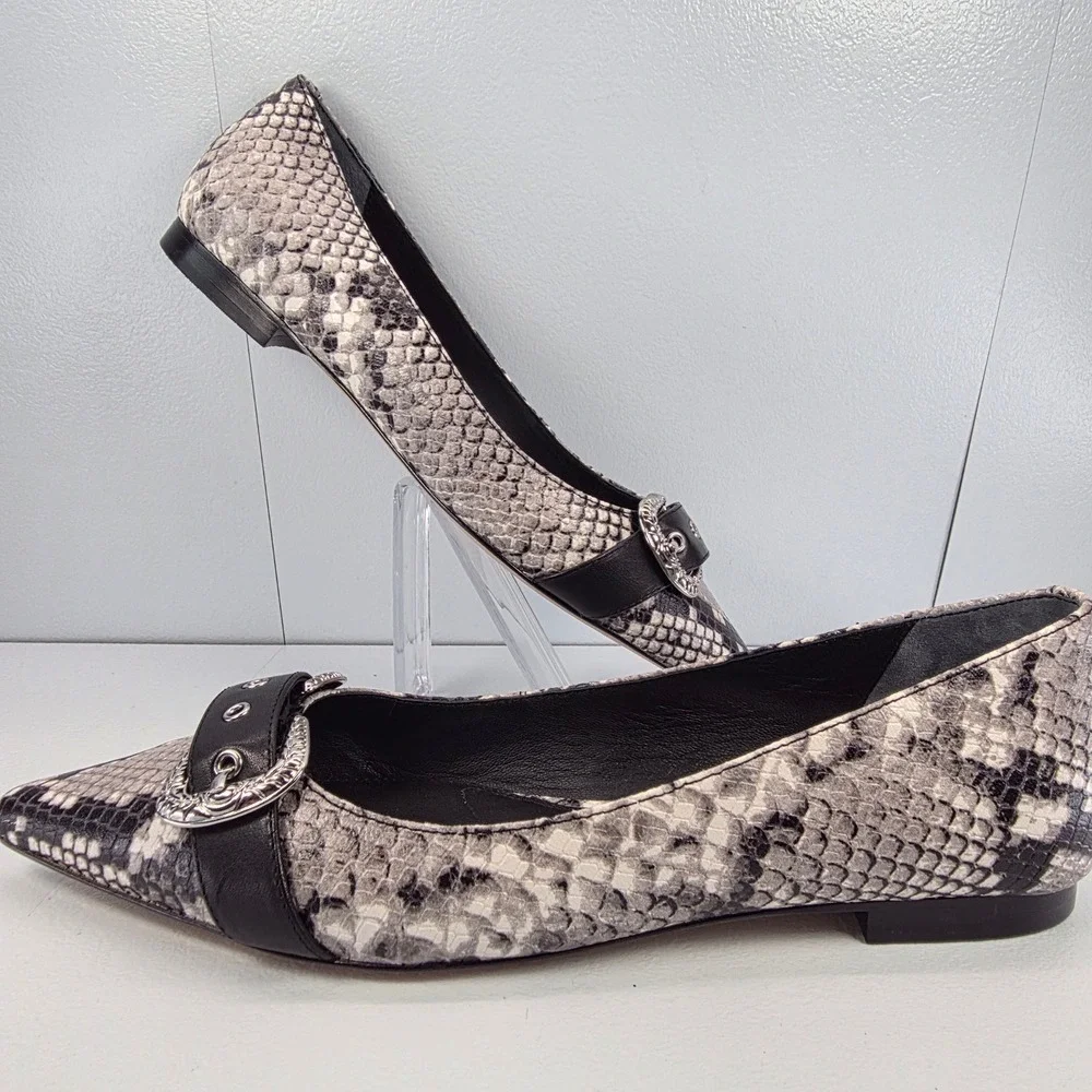 Paige Womens Snakeskin Pointed‎ Toe Alisa Flats Silver Western Buckle Grey Black
